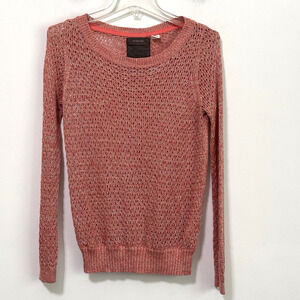 GUINEVERE‎ Anthropologie Sweater S Pink Open Knit Gold Thread Lightweight Hemp